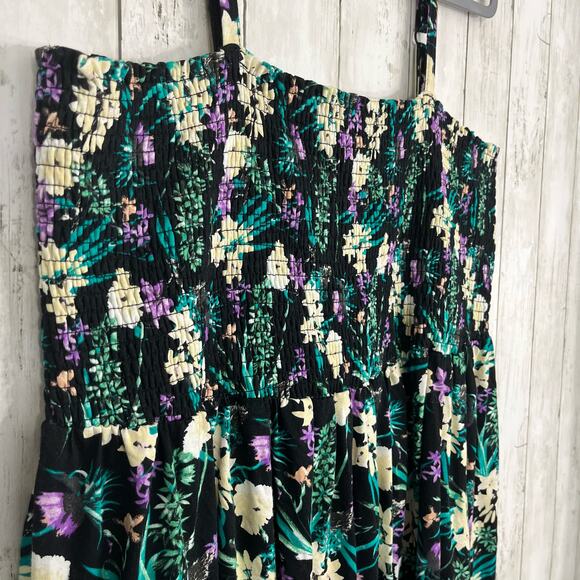 Ellos Black Plus Size Smocked Bodice Floral Stretchy Tank Knee Length Dress 1X - Picture 3 of 10